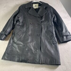 JC Leather Coat Womens Medium Black Double Breasted Pea Trench Winter Lined‎